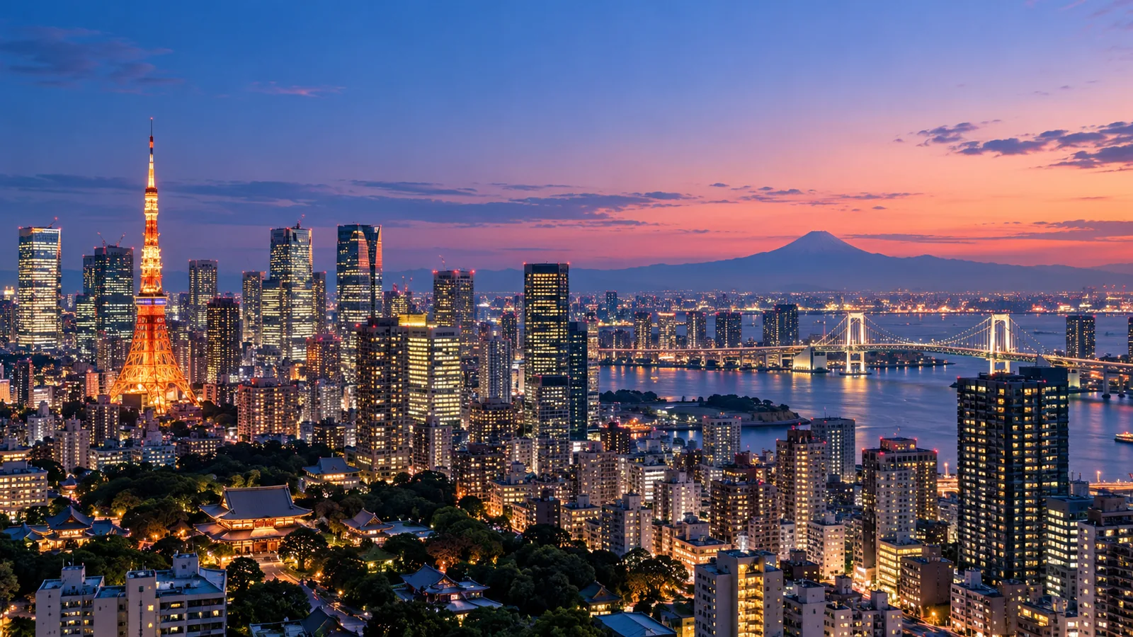 Illustrative Tokyo skyline at dusk for a Tokyo hotel guide